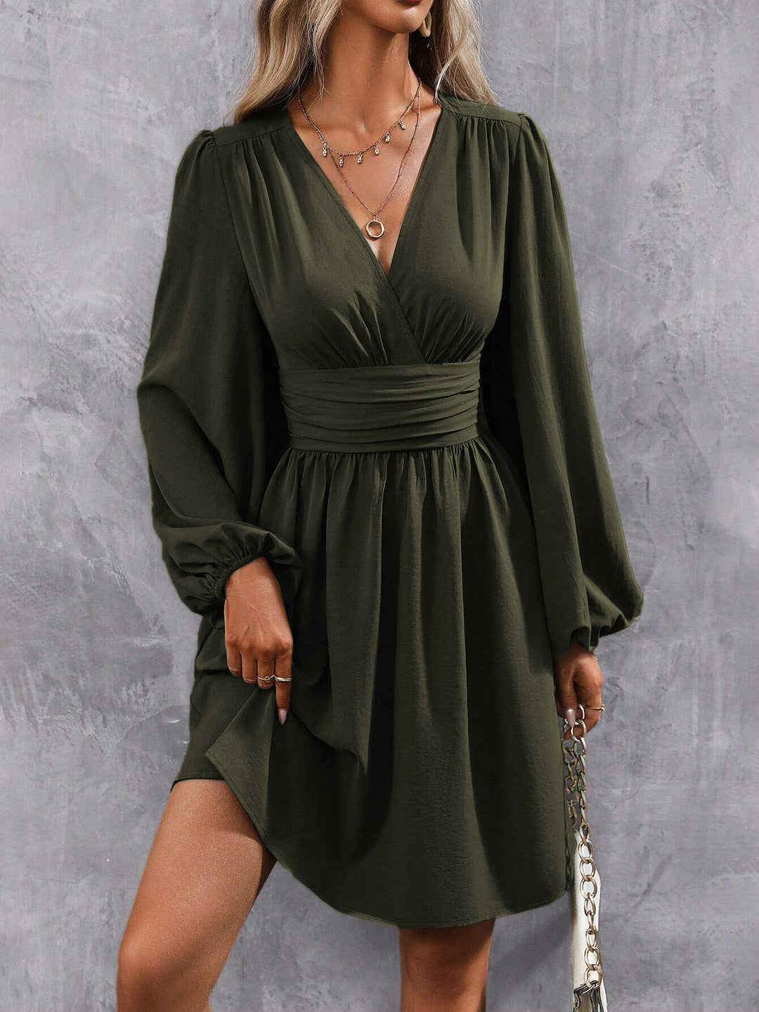 Damen Wickelkleid mit transparenten Puffärmeln und elegantem Taillengürtel R&B