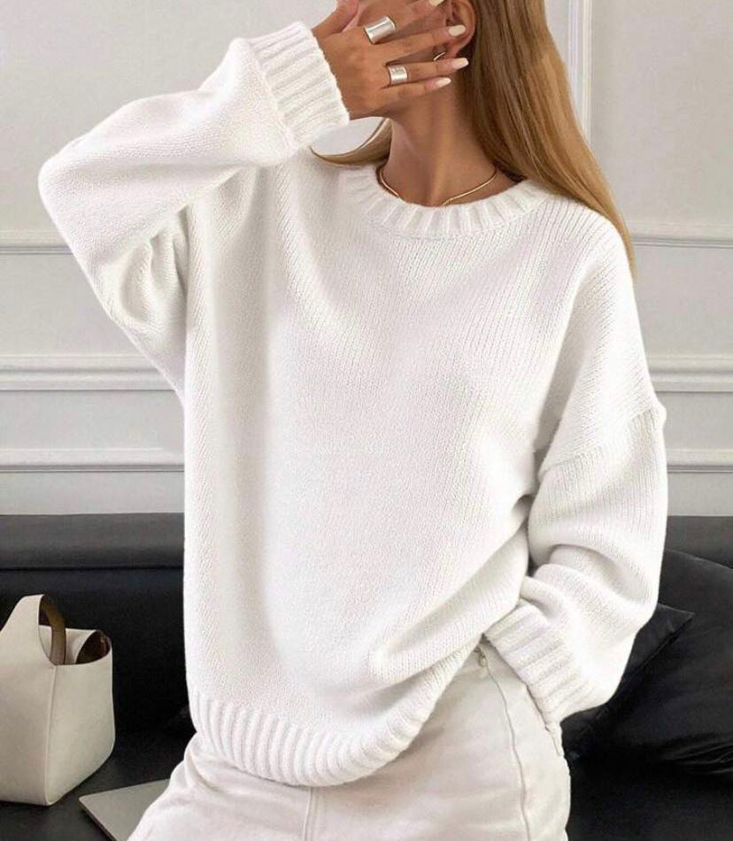 Damen lässiger und oversized Strickpullover mit Rundhalsausschnitt