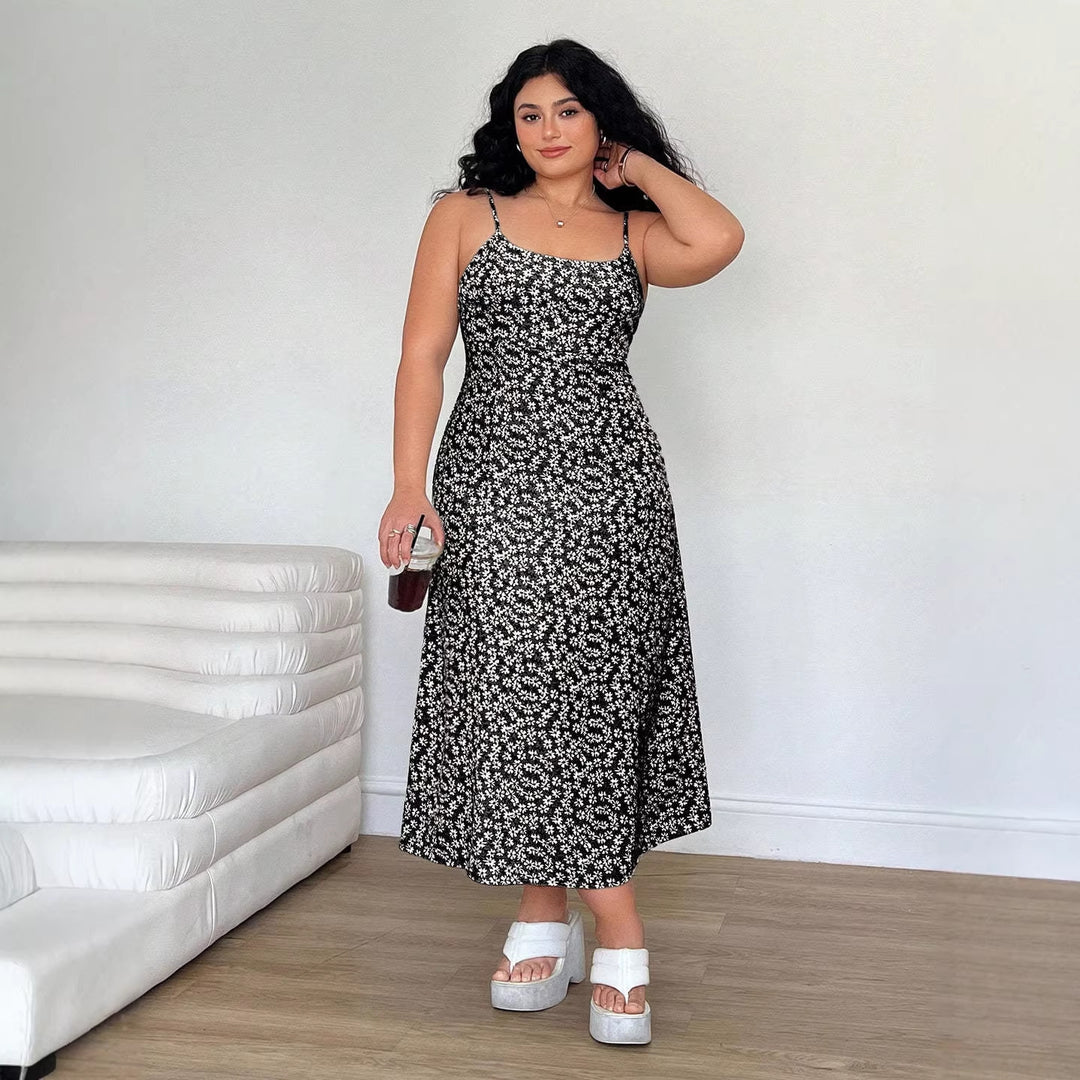 Damen Maxikleid mit feinem Blumenmuster und verstellbaren Spaghettiträgern R&B