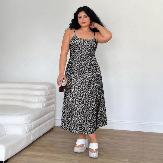 Damen Maxikleid mit feinem Blumenmuster und verstellbaren Spaghettiträgern R&B