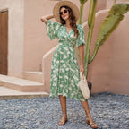 Damen Midi-Kleid mit V-Ausschnitt und voluminösen Ärmeln R&B
