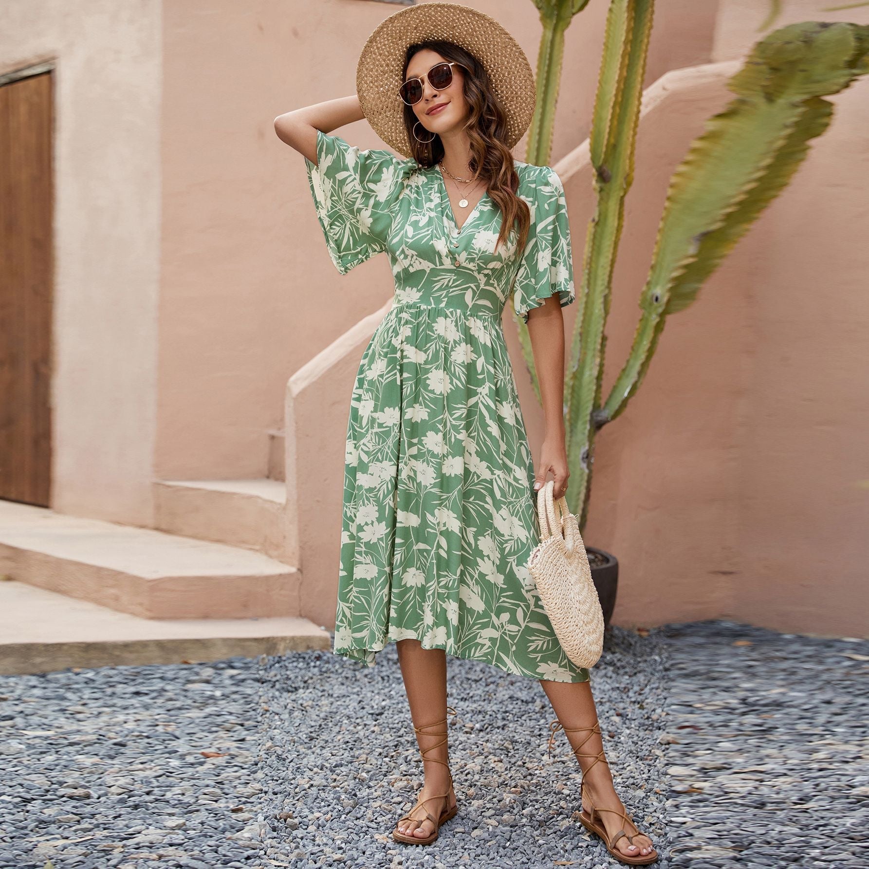 Damen Midi-Kleid mit V-Ausschnitt und voluminösen Ärmeln R&B