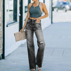 Damen Weit geschnittene Jeans mit Distressed-Effekten und hohem Bund