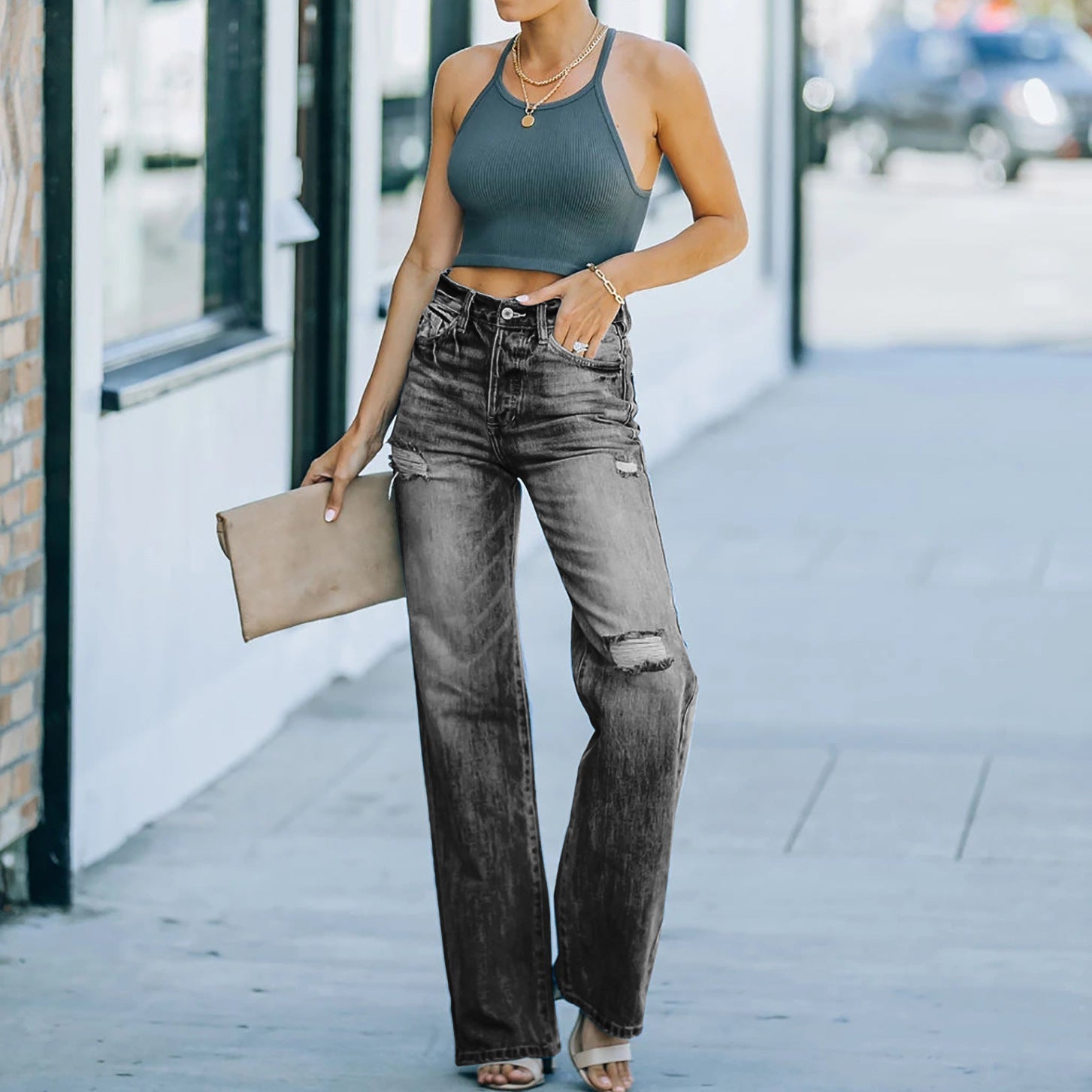 Damen Weit geschnittene Jeans mit Distressed-Effekten und hohem Bund