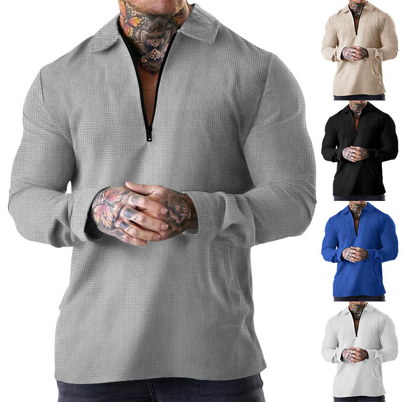 Herren nan schmales Halbzip-Polo mit Waffelstruktur offener Kentkragen und cleanem Minimal-Design R&B