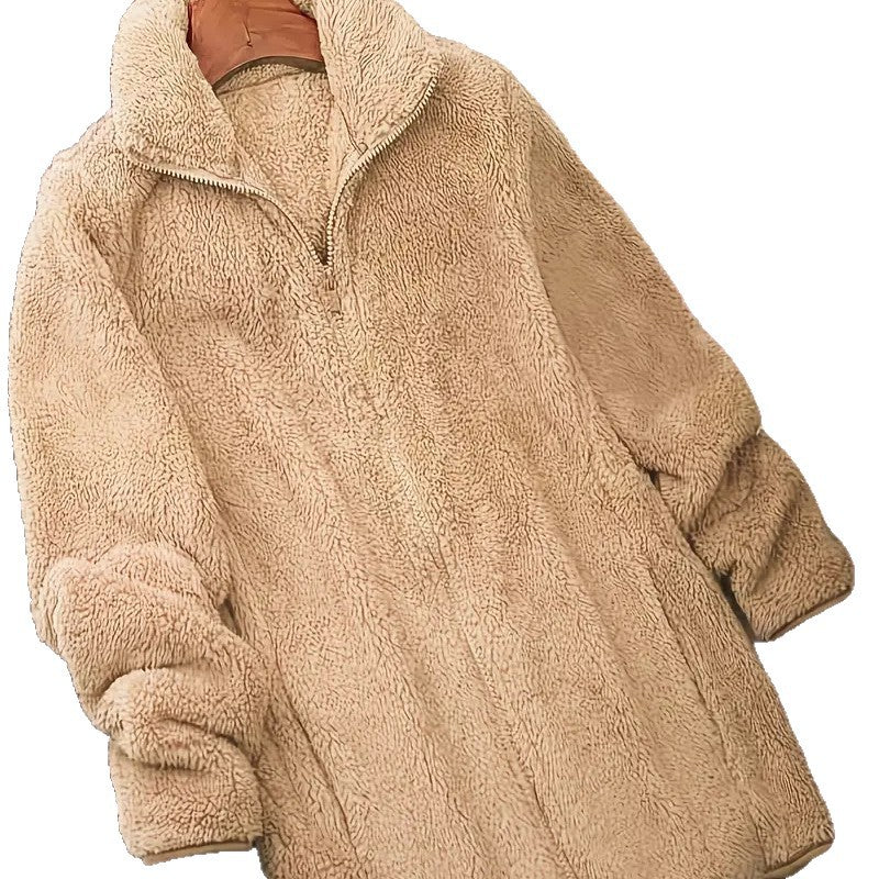 Damen Flauschige Teddyjacke mit hohem Kragen und seitlichen Taschen R&B