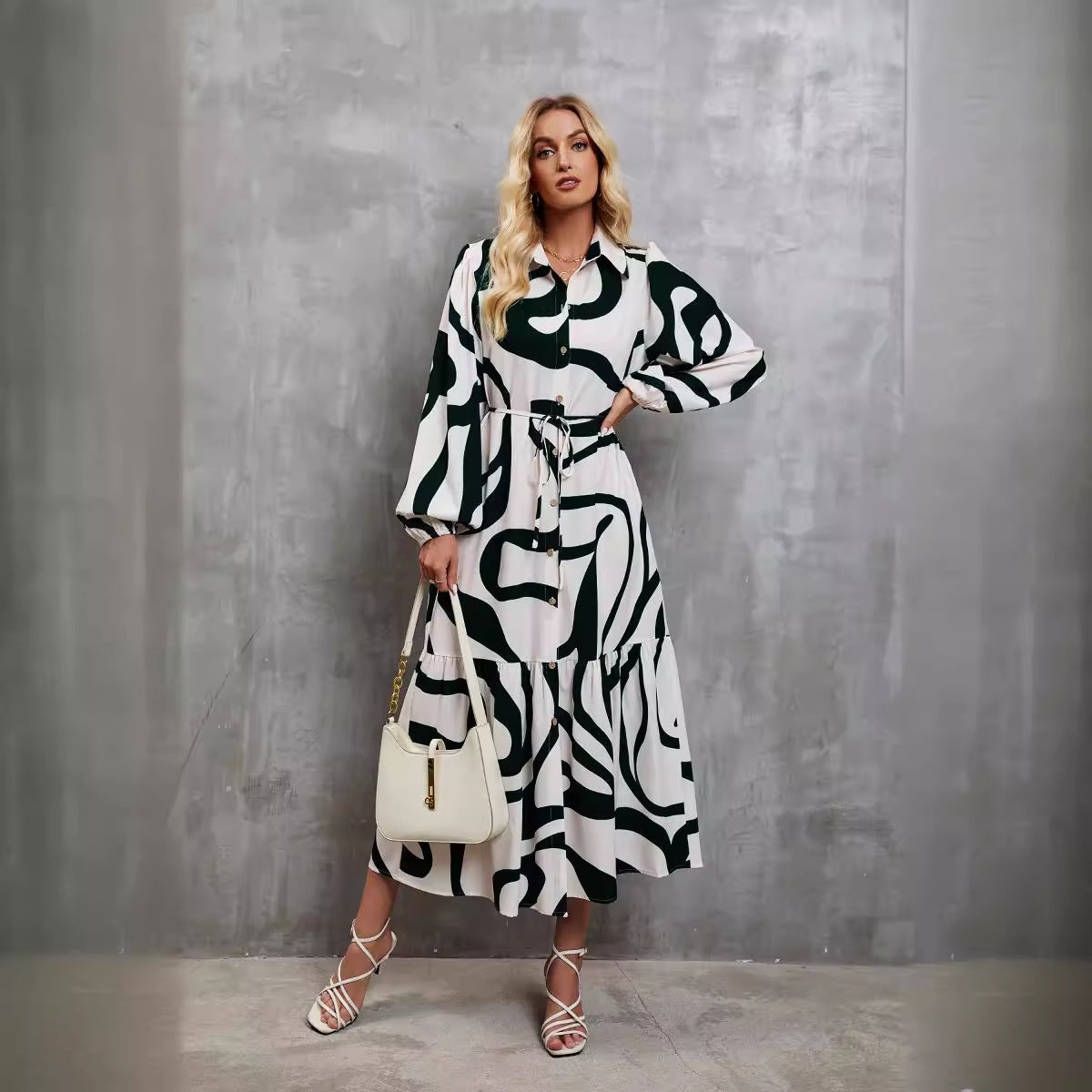 Damen Hemdblusenkleid mit modernem Grafikdruck und taillierter Silhouette R&B