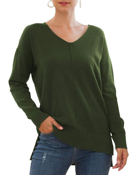 Damen eleganter V-Ausschnitt Pullover mit asymmetrischem Saum R&B