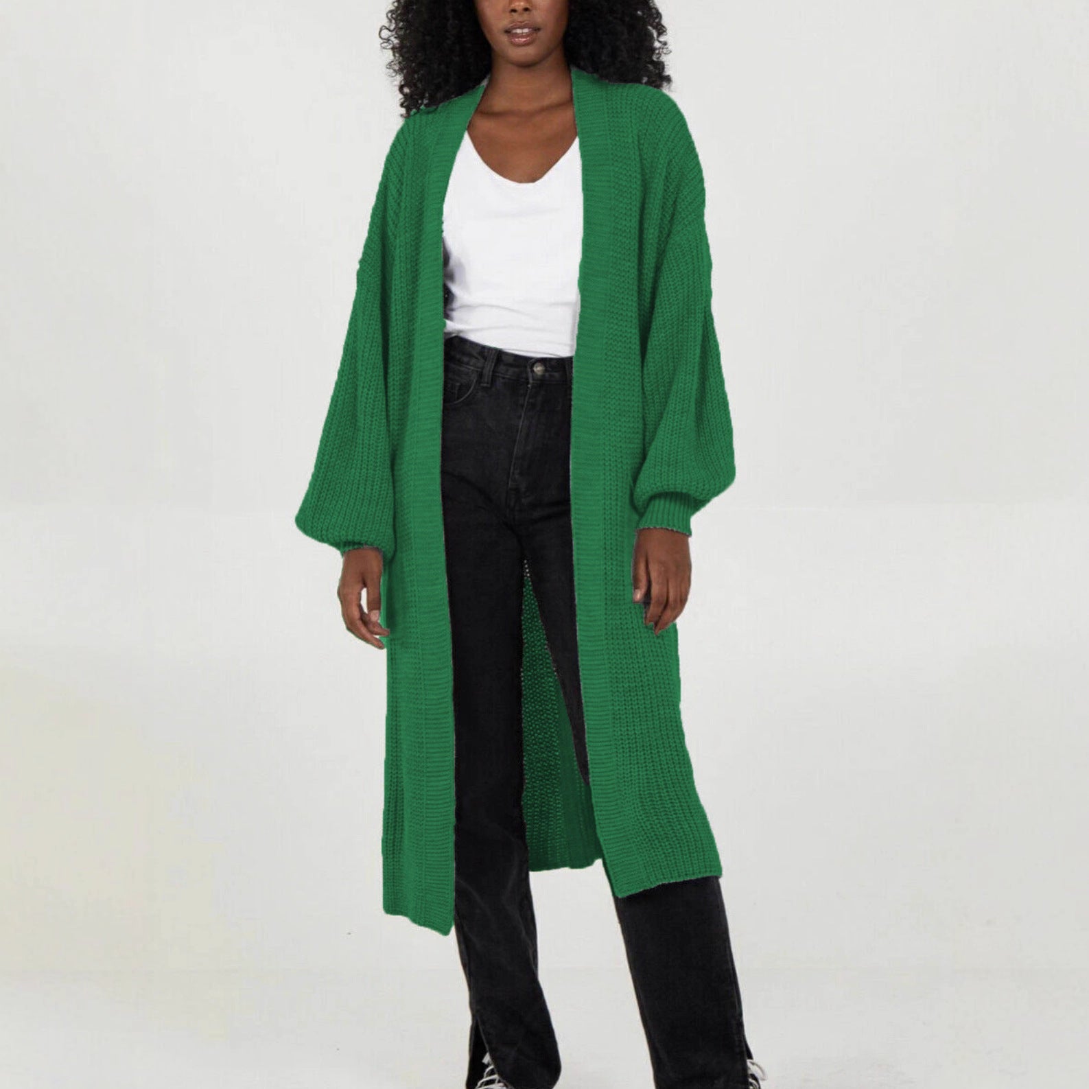 Damen Langer Strickcardigan mit voluminösen Ärmeln und offenem Schnitt R&B