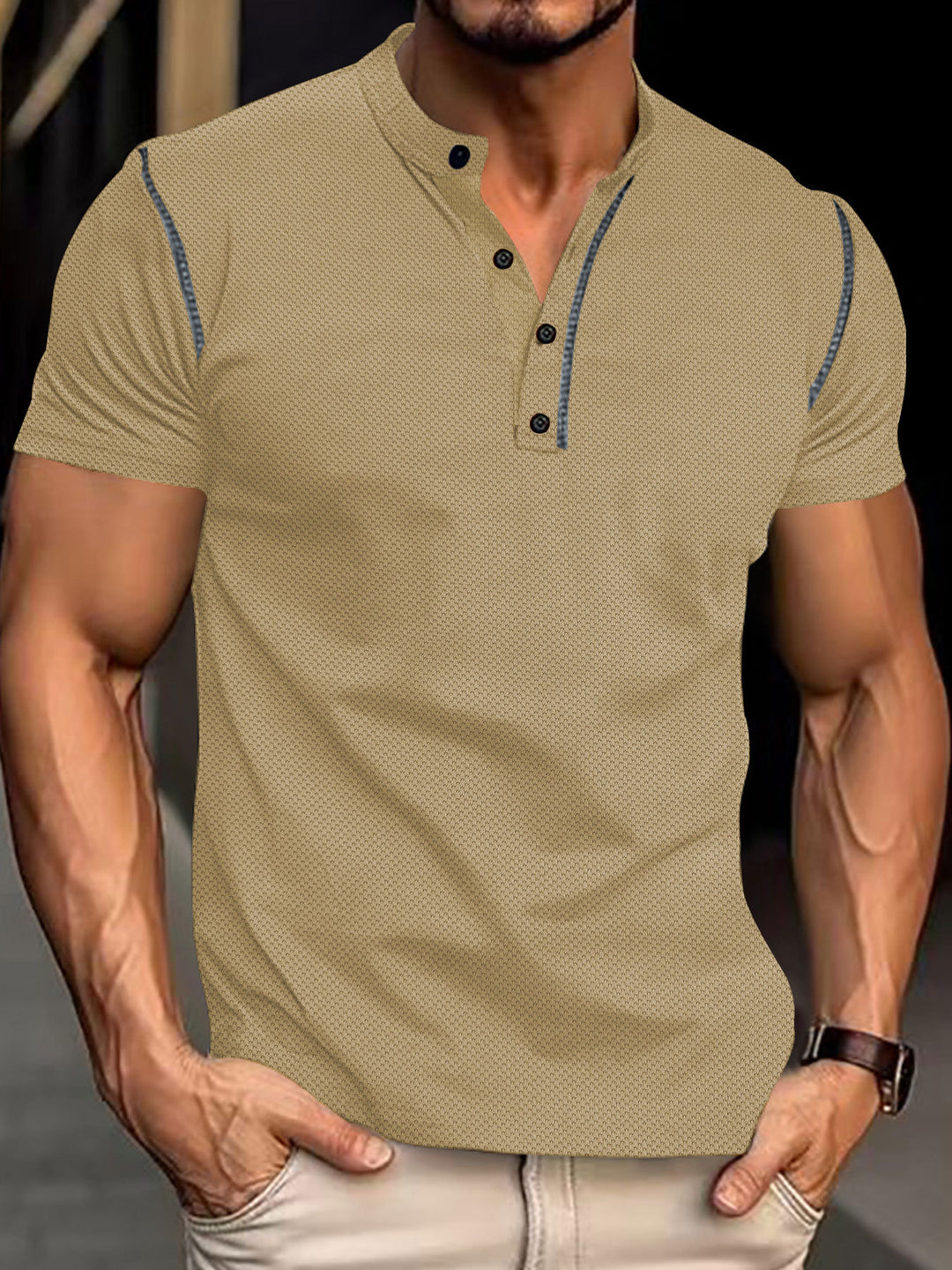 Herren nan tailliertes Struktur-Poloshirt mit Stehkragen und Zierpaspel R&B