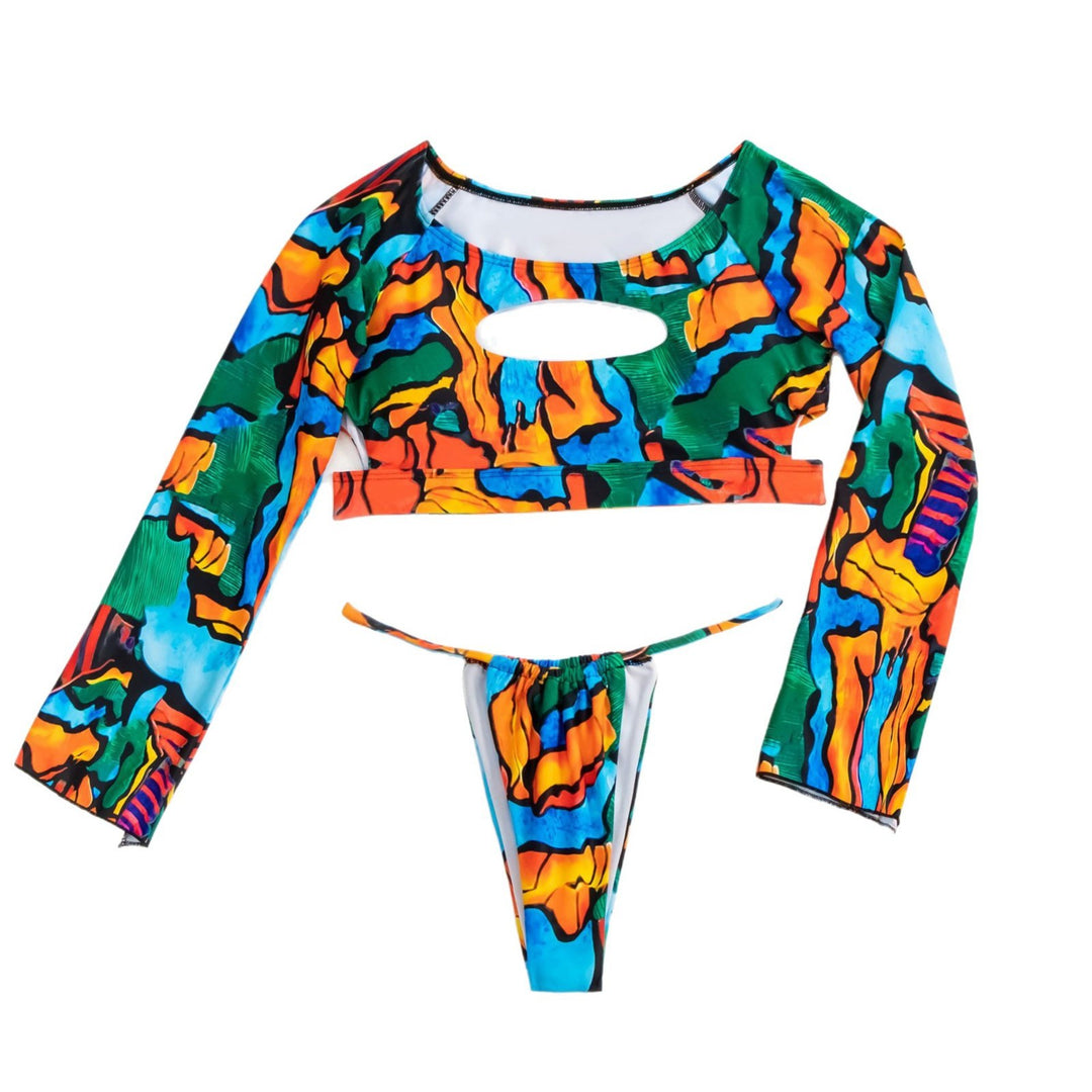 Damen Crop-Top Bikini mit langen Ärmeln und modischem Ausschnitt R&B
