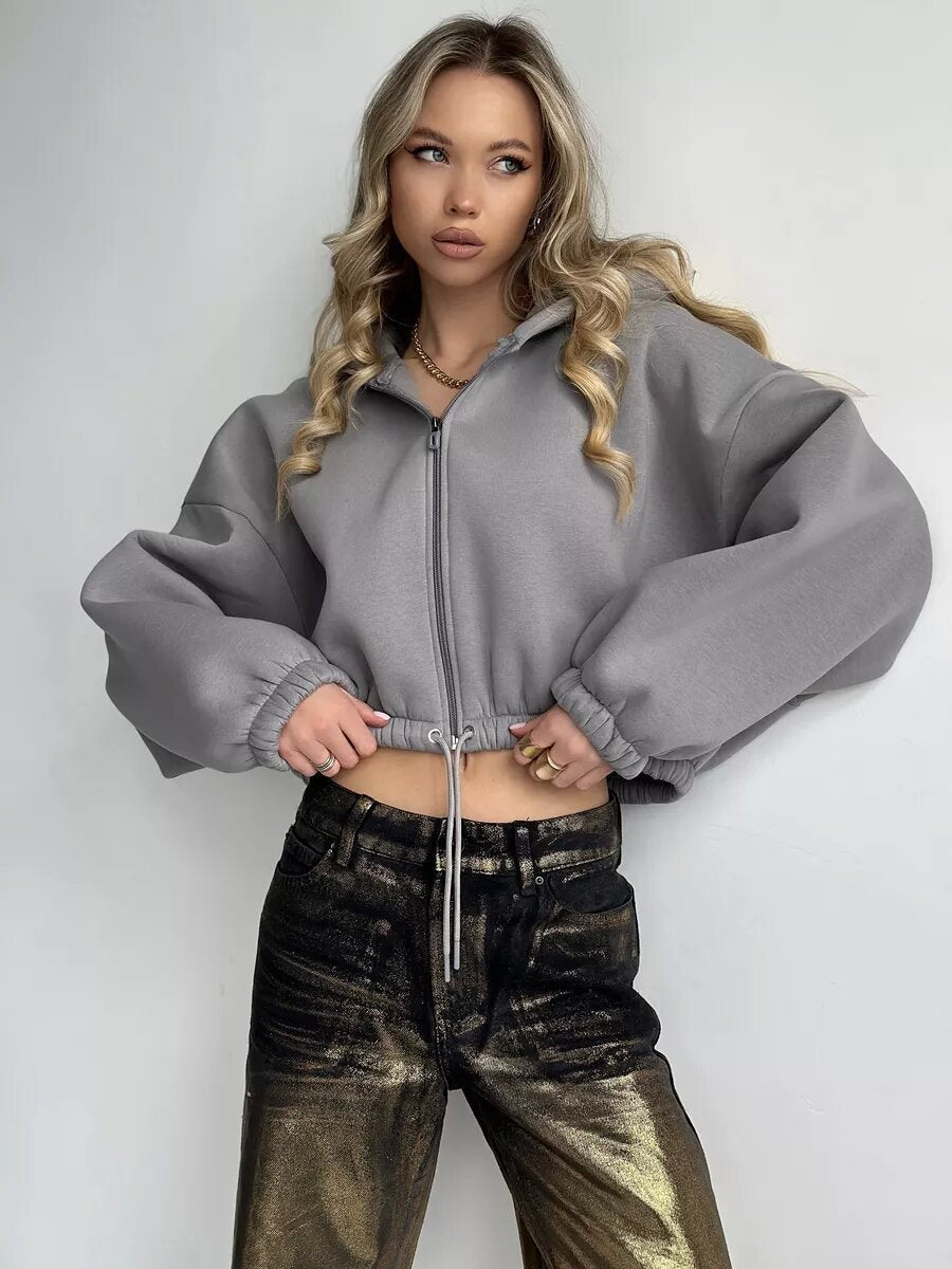 Damen cropped Hoodie mit Reißverschluss und verstellbarem Bund R&B