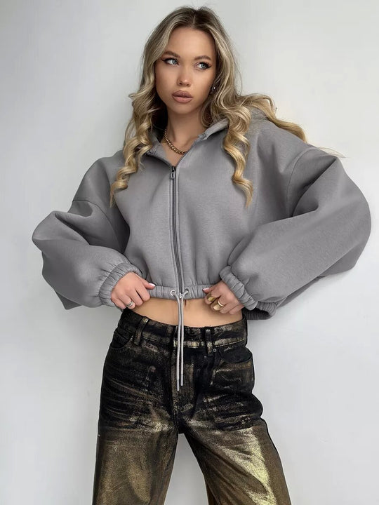 Damen cropped Hoodie mit Reißverschluss und verstellbarem Bund R&B