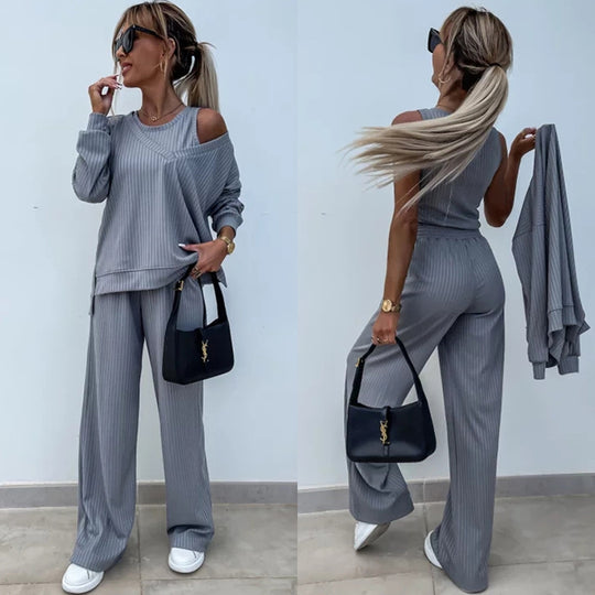 Damen lässiges Relaxed-Fit Lounge-Set mit weitem Schnitt und angenehmem Ripp-Design R&B