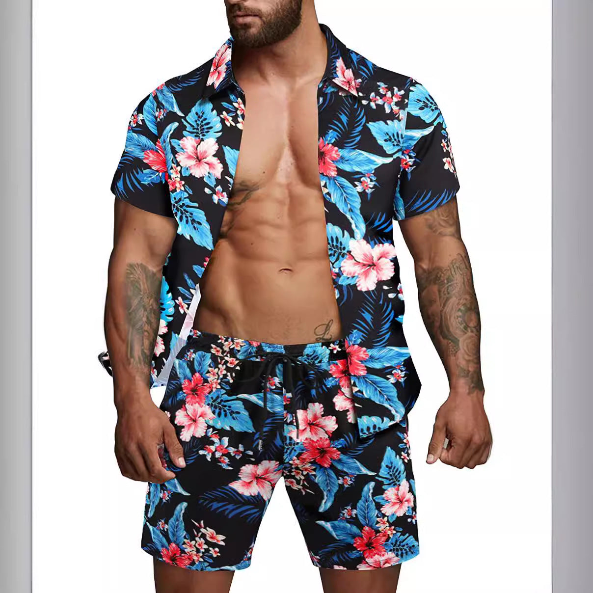 Herren kurzärmliges Hemd und Badeshorts Set R&B