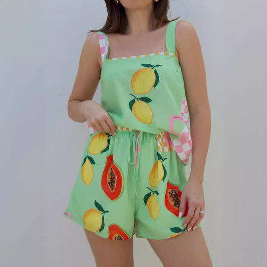 Damen Sommerlicher Zweiteiler mit fruchtigem Print und elastischem Bund R&B