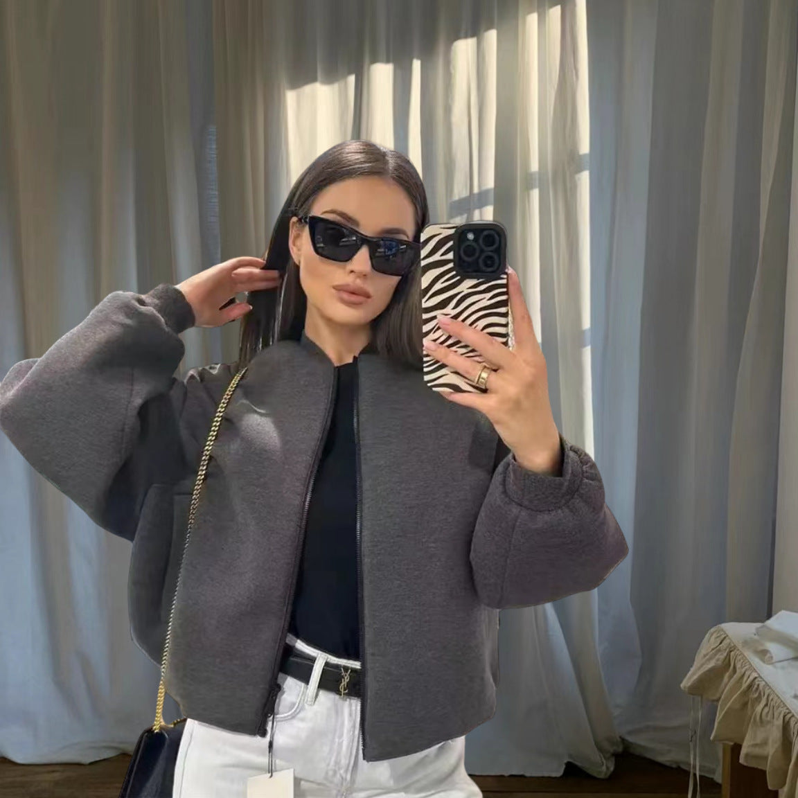 Damen Sportliche Oversize-Jacke mit Reißverschluss und voluminösen Ärmeln R&B