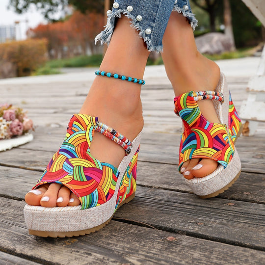 Damen modische Wedge-Sandalen mit buntem Mustermix und bequemer Sohle R&B