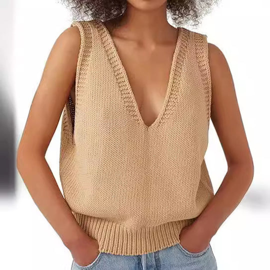Damen lässiger Strickpullover ohne Ärmel mit tiefem V-Ausschnitt R&B