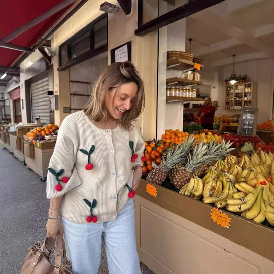Damen lässiger und gestreifter Strickcardigan mit reizendem Kirschmuster R&B