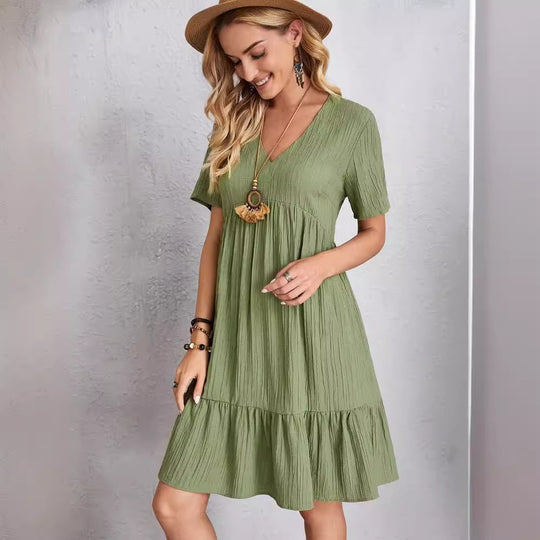Damen lässiges V-Ausschnitt Kleid mit Schößchen und Rüschendetails R&B