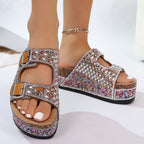 Damen Komfortable Sandalen mit dekorativen Schnallen und buntem Glitzerdesign