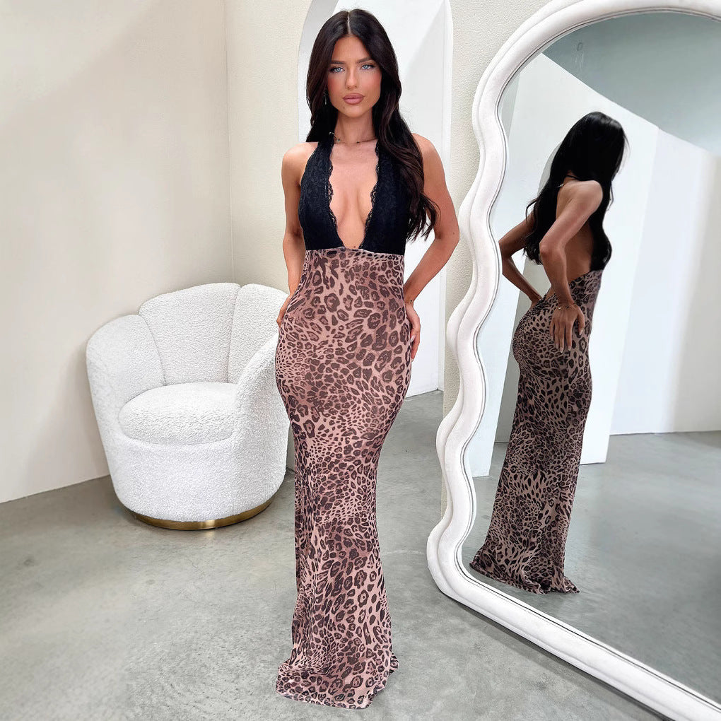 Damen Elegantes Leoparden-Maxi-Kleid mit tiefem V-Ausschnitt und raffinierten Spitzenbesätzen R&B