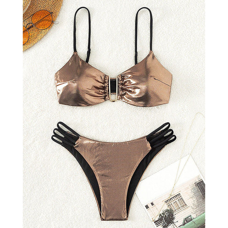 Damen Bikini-Set mit raffinierten Schnüroptik und goldenen Akzenten