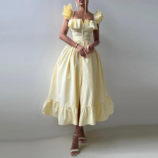 Damen Maxikleid mit Rüschendetails und Knopfleiste R&B