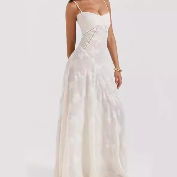 Damen elegantes Abendkleid mit feinen Spitzenverzierungen und Spaghettiträgern R&B