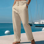 Herren nan weite Leinen-Relaxhose mit hoher Taillenblende, Kordelzug und Umschlag R&B