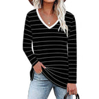 Damen V-Ausschnitt Langarmshirt mit Streifenmuster und seitlichen Schlitzen R&B