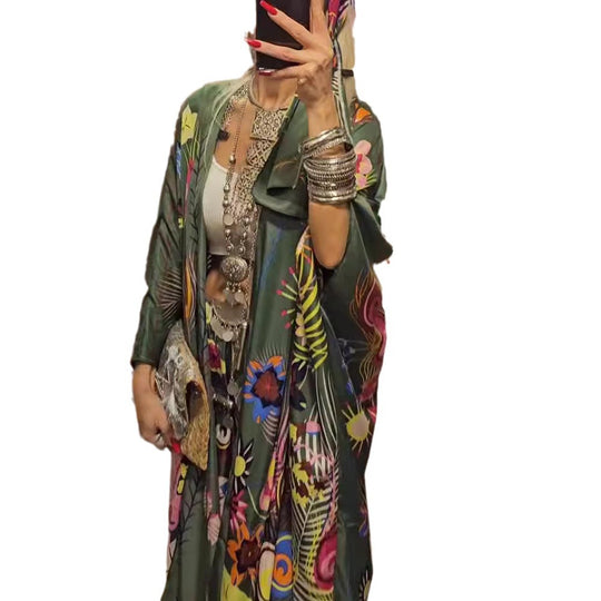Damen nan extravagantes Maxi-Kaftan-Zweiteiler mit weitem Kimonoärmel, ausgestellter Palazzohose und ausdrucksstarkem Floralprint R&B