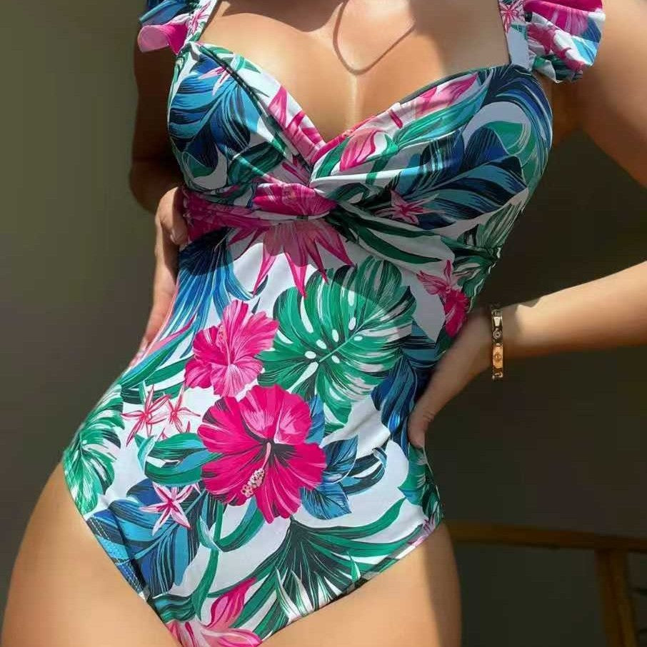 Damen Einteiler Badeanzug mit floralem Design und Rüschen R&B