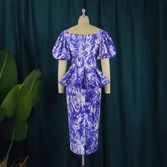 Damen elegantes Midikleid mit Puffärmeln und raffinierter Taille R&B