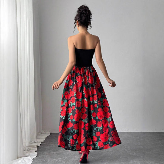 Damen nan trägerloses Maxikleid mit figurbetontem Bandeau-Oberteil und ausgestelltem Rosen-Print-Rock R&B