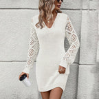 Damen Strickkleid mit V-Ausschnitt und luftigen Häkelärmeln R&B
