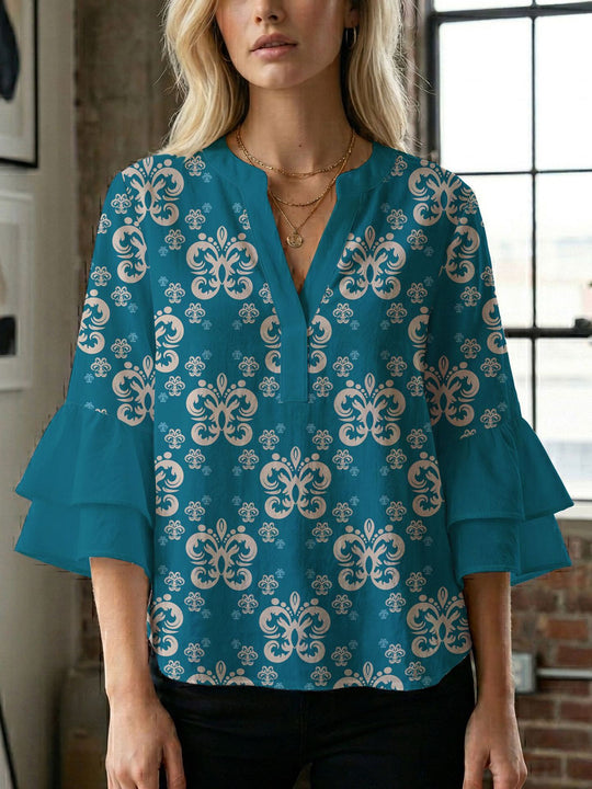 Damen Blusenshirt mit voluminösen Ärmeln und kreativem Druckdesign R&B