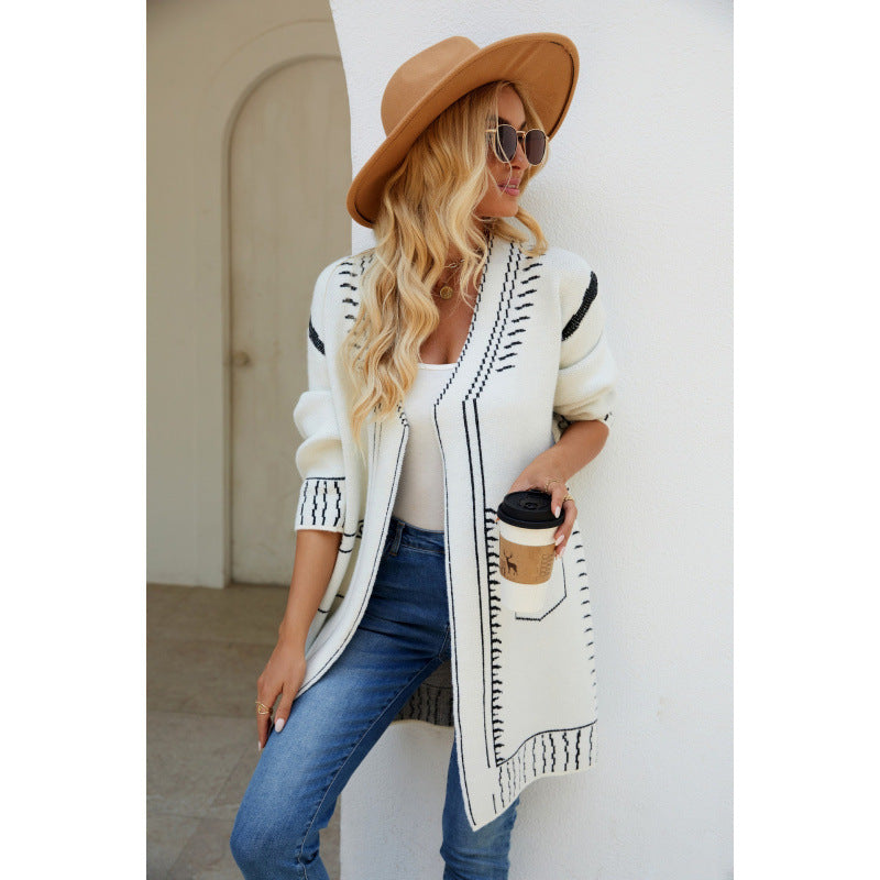 R&B | Strickjacke Übergröße Passform Weiches Strick Jacquard Muster mittellange Schichtung
