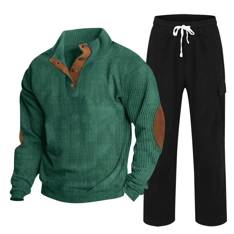 Herren nan Strick-Freizeitset mit Knopfleiste und Ellenbogenaufnähern sowie Cord-Cargohose R&B
