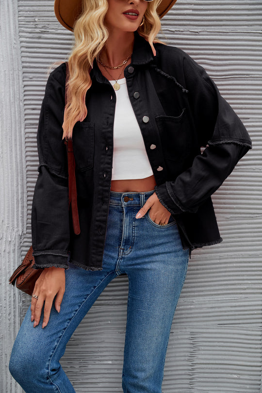 Damen Denimjacke mit lässigem Schnitt und fransigen Details R&B
