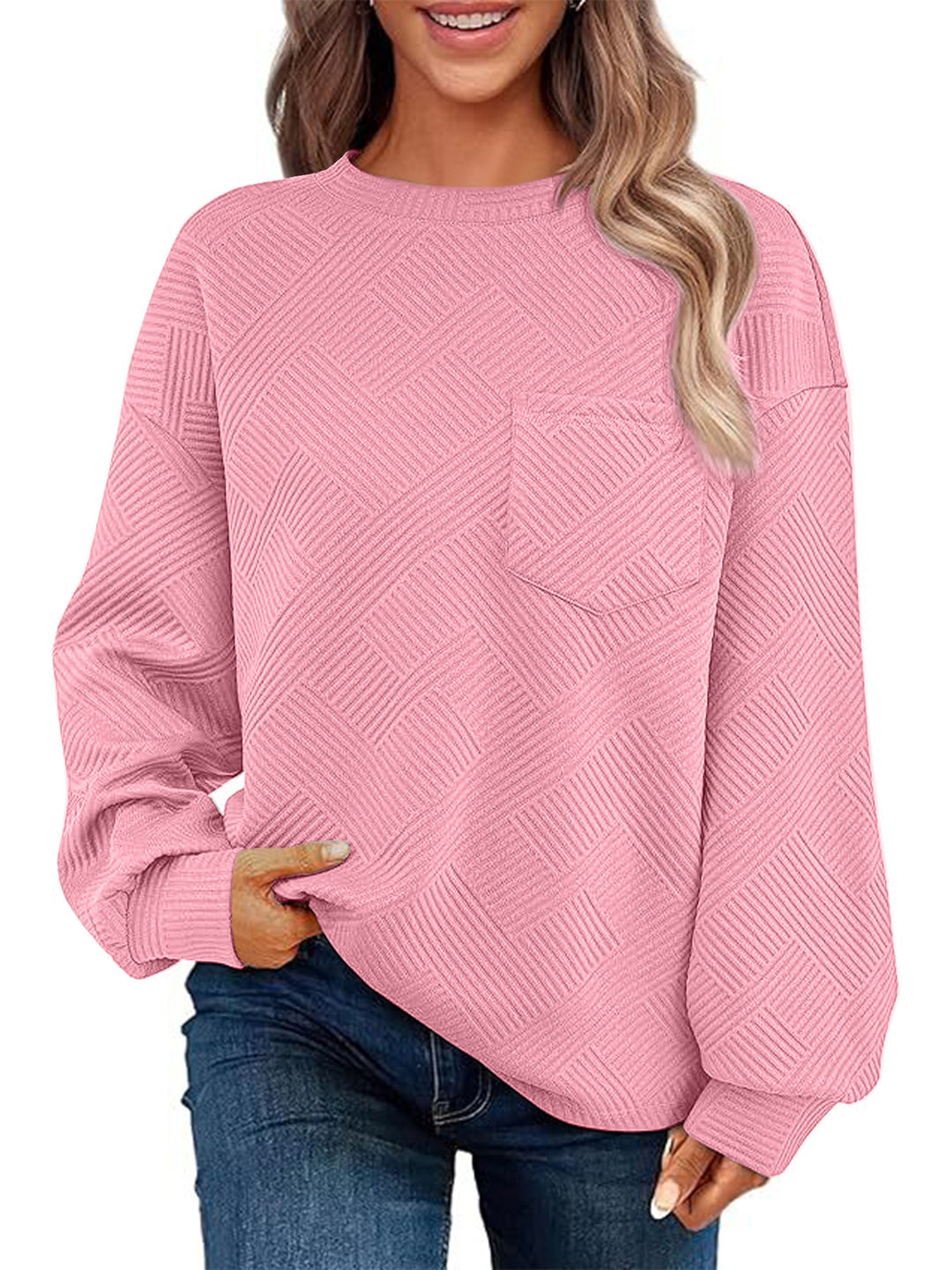 Damen Lässiger Pullover mit strukturiertem Muster und praktischen Taschen R&B