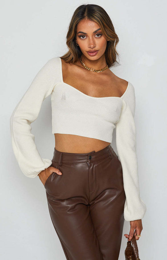 Damen lässiges Crop-Top mit weitem Arm und Rippstruktur R&B