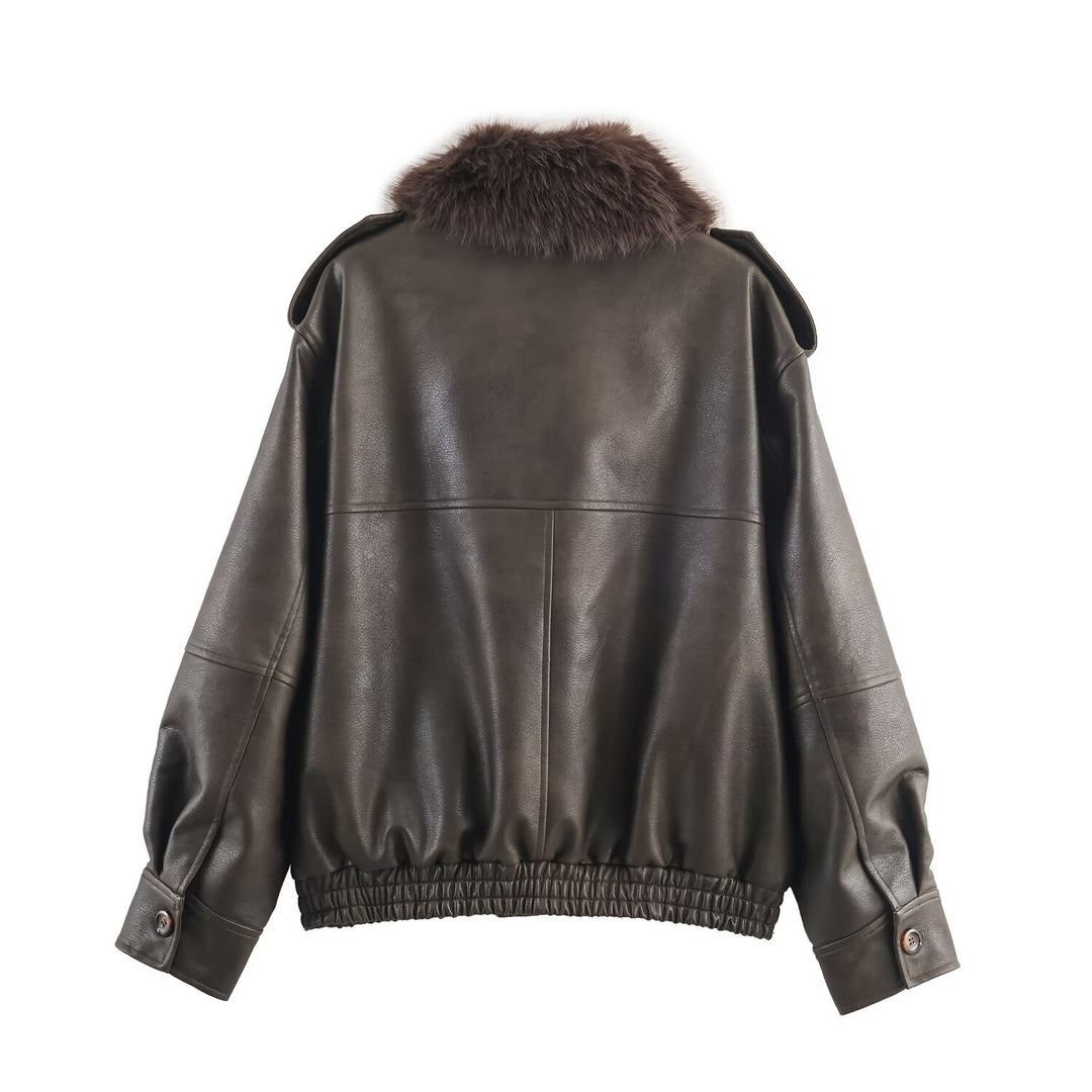 Damen Kunstlederjacke mit abnehmbarer Kunstfellkragen und praktischen Taschen R&B