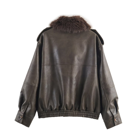Damen Kunstlederjacke mit abnehmbarer Kunstfellkragen und praktischen Taschen R&B