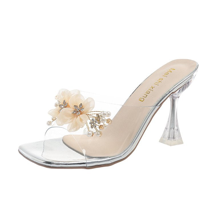 Damen elegante und transparente Sandaletten mit floralem Schmuck R&B
