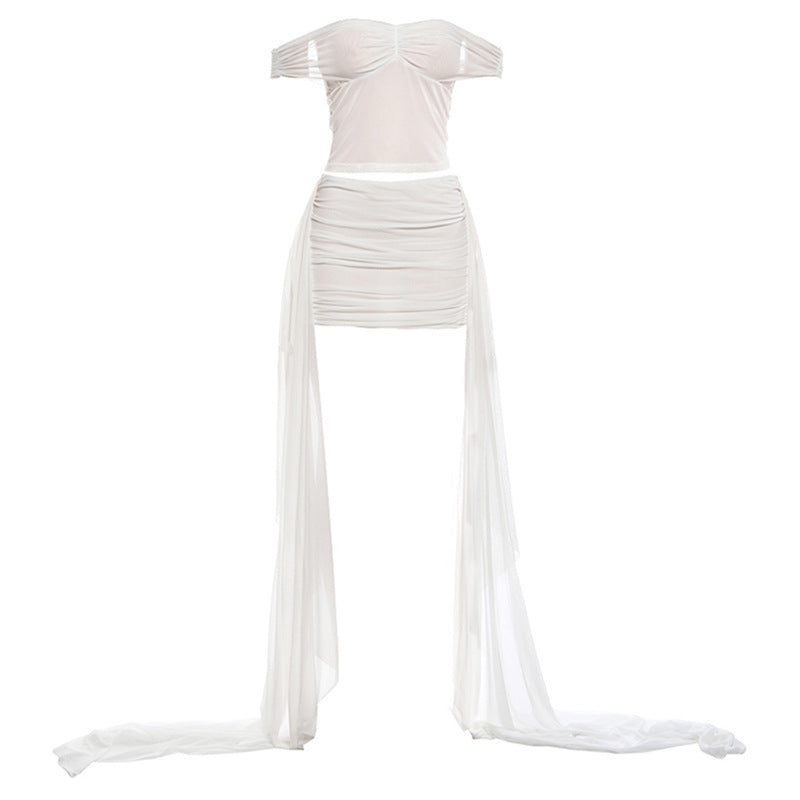 Damen Off-Shoulder Minikleid mit fließendem Chiffon und Raffung R&B