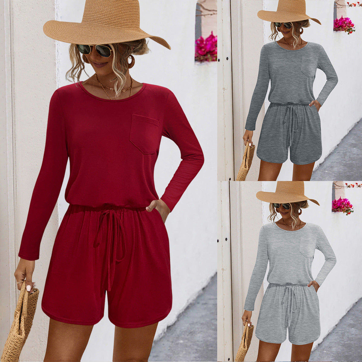 Damen Jumpsuit mit langen Ärmeln und praktischem Taschen-Design R&B