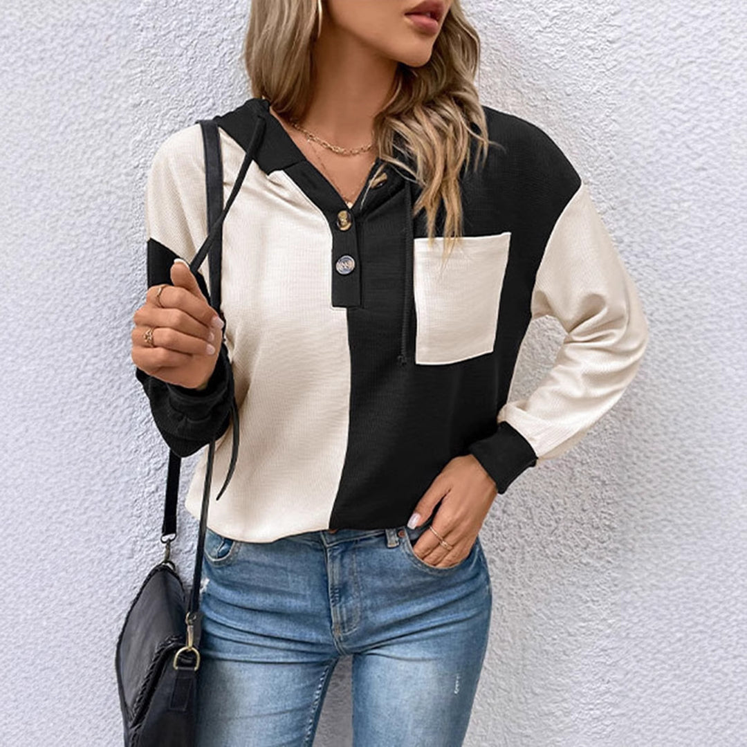 Damen nan Waffelstrick-Hoodie mit Henley-Knöpfen, Brusttasche und Kapuze R&B
