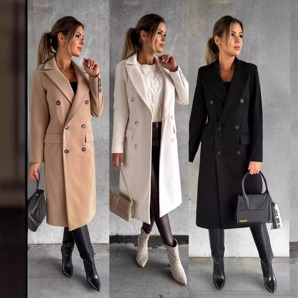Damen Eleganter Doppelreiher-Mantel mit strukturiertem Stoff und taillierbarem Gürtel R&B